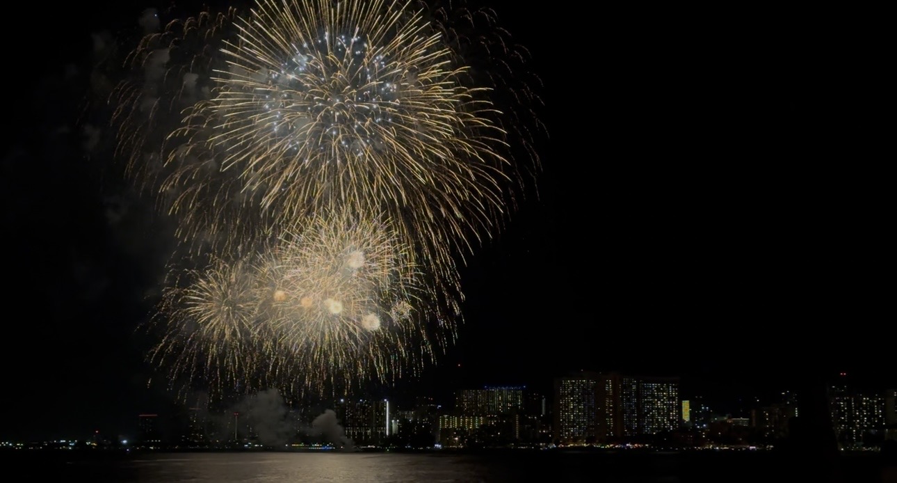 Colorful fireworks over a city skyline at night.